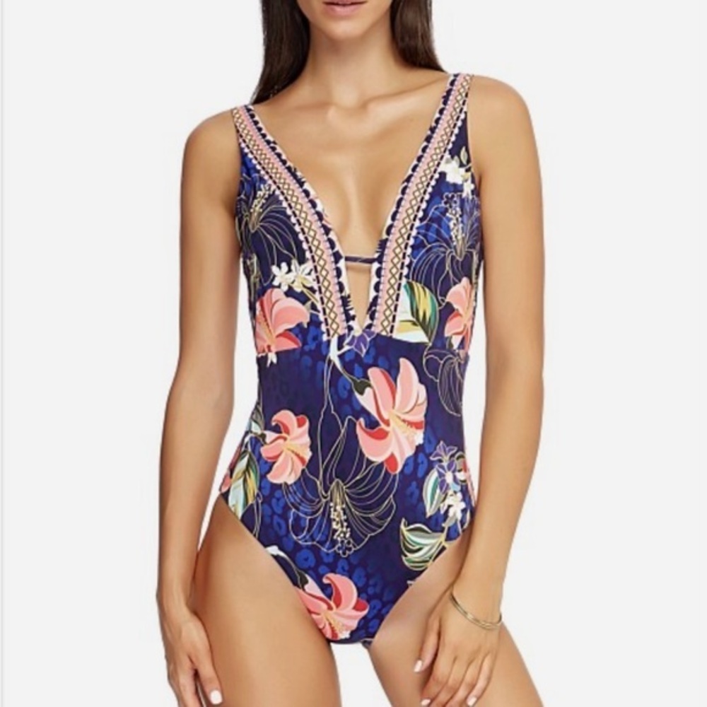 JETS by Jessika Allen Desert Bloom Plunge One Piece Swimsuit size 10 NWT!